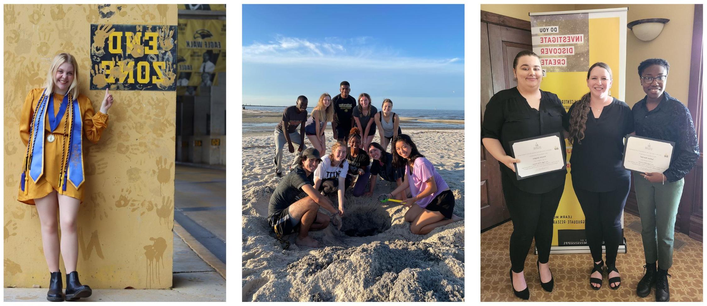 Images from left to right: Honors Students holding awards; Honors students on the beach; Honors student standing on the Eagle Walk